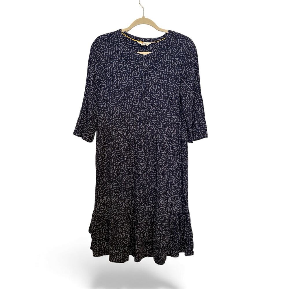 Boden Dress Size 6L Tiered Ruffle Midi Navy Arrow Print Boho Cottagecore Pockets
